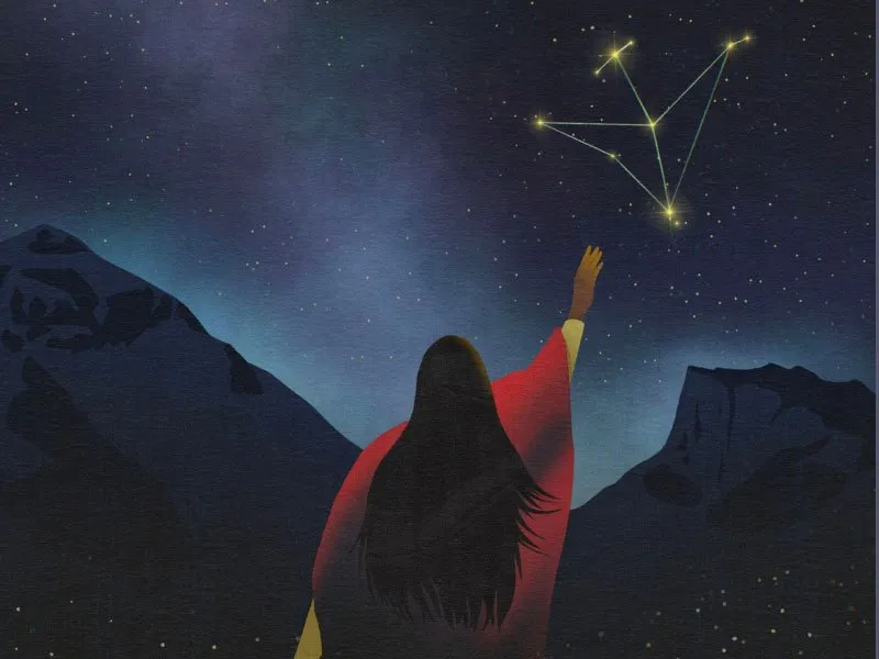 Illustration of a woman in red with long hair reaching toward a brightly lit constellation. The night sky contains the Milky Way and is framed by the silohuette of dark mountains with the lights of hearth fires at their foothills.
