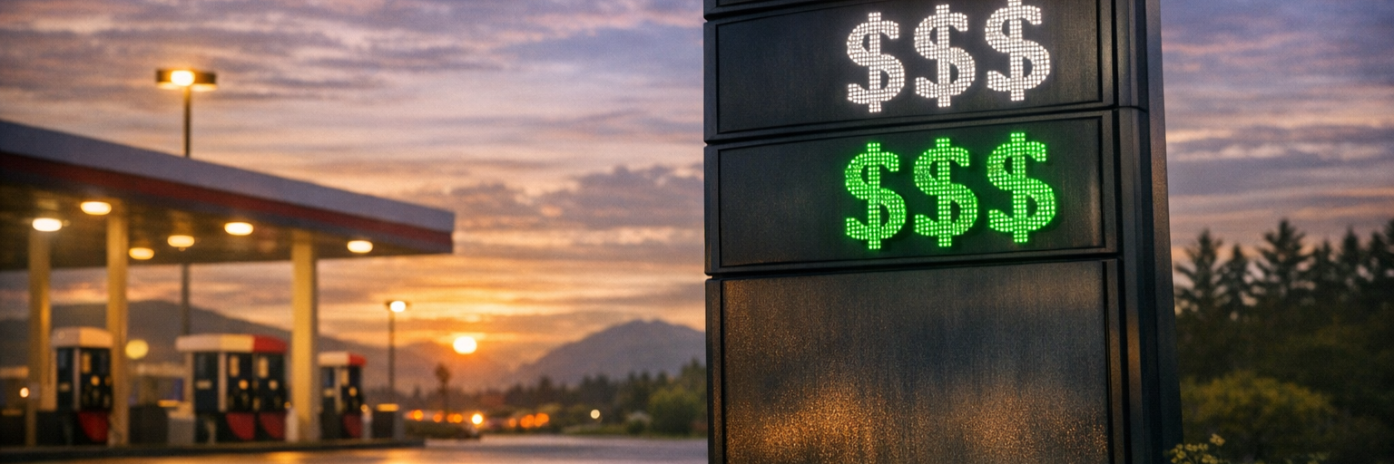 A fuel station with abstract price signage displaying "$$$"